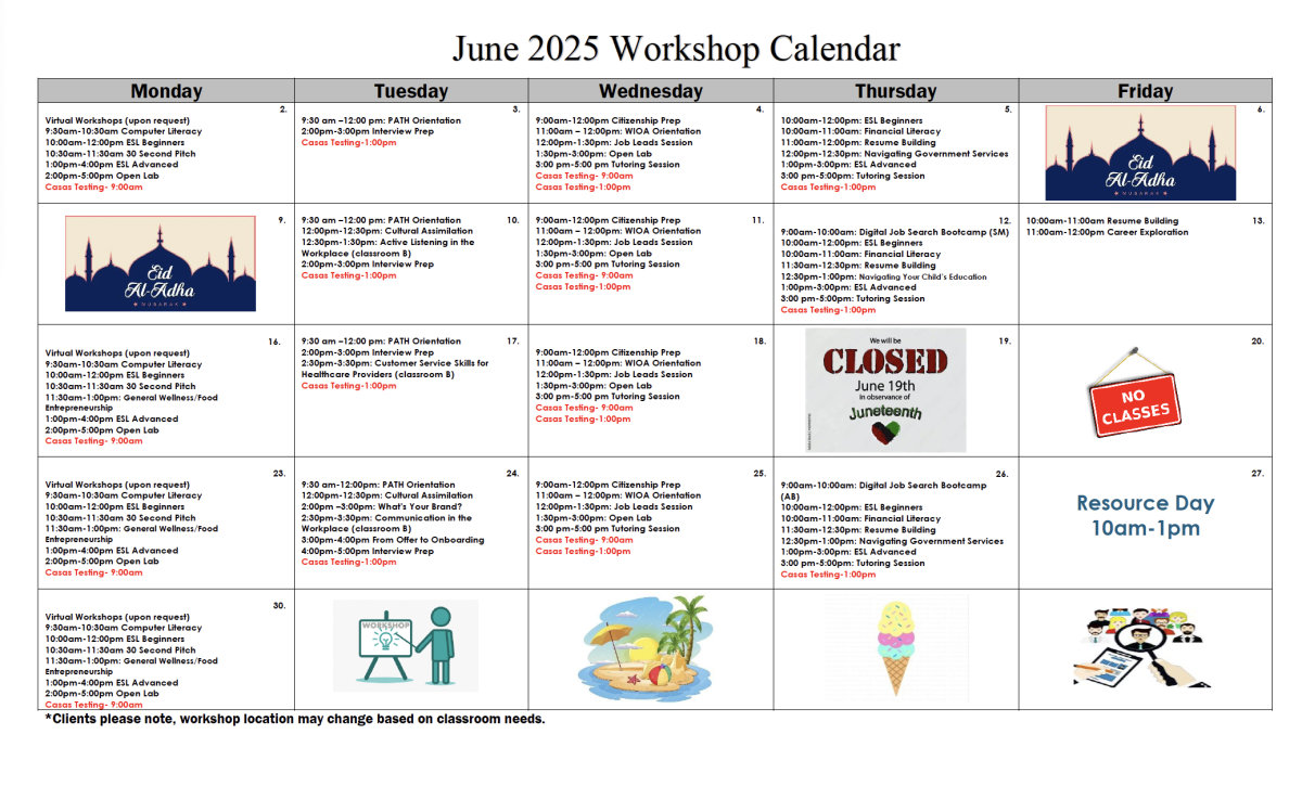 ACCESS June 2025 Workshop Calendar in English. Includes ESL, computer literacy, employment support, financial literacy, and citizenship classes.